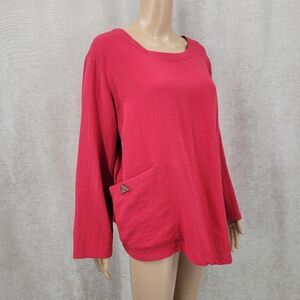 Fridaze Linen Pullover w/ Asymmetric Hem Women's Red Long Sleeve Top
